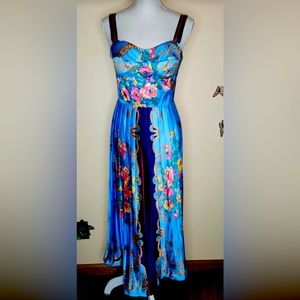 SOLD C🪻 Dalia Macphee Dress Size M Blue Floral Tie Neck Pleated Shirt Dress